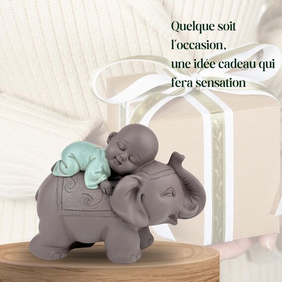 Zen'Light Statue Buddha Bonze Schlafend auf Elefant - Zen-Atmosphäre in Ihrem heiligen Raum - wunderschöne glücksbringende Figur -H 9.5 cm, Braun & Grün