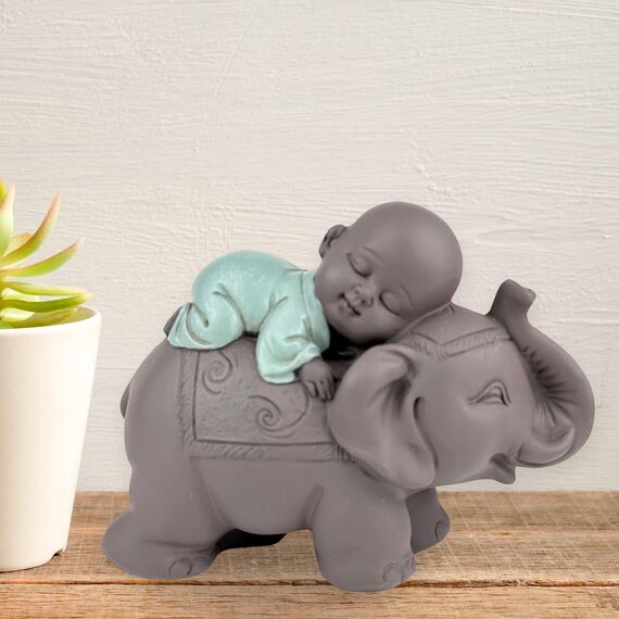 Zen'Light Statue Buddha Bonze Schlafend auf Elefant - Zen-Atmosphäre in Ihrem heiligen Raum - wunderschöne glücksbringende Figur -H 9.5 cm, Braun & Grün