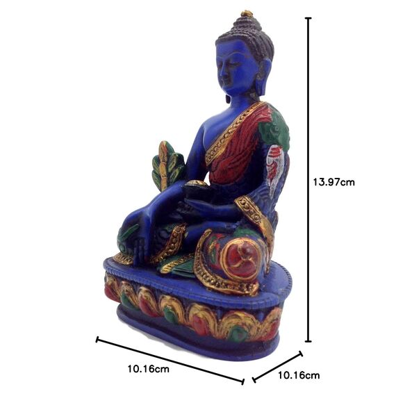 Heilung Lama – Medizin Buddha. Handgefertigt 14 cm hoch Multicolor Blau handbemalt Buddha Figur Skulptur Statue für Frieden und Entspannung.