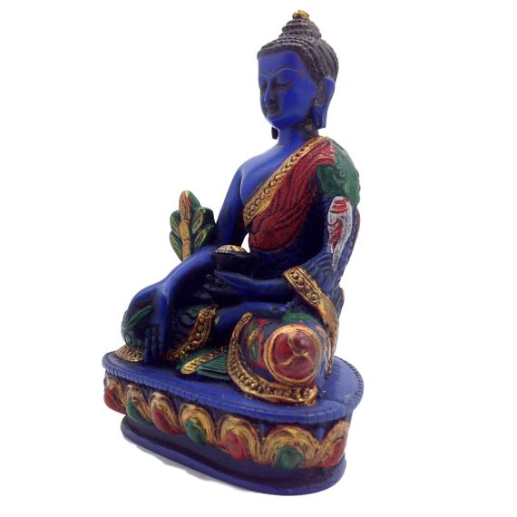 Heilung Lama – Medizin Buddha. Handgefertigt 14 cm hoch Multicolor Blau handbemalt Buddha Figur Skulptur Statue für Frieden und Entspannung.