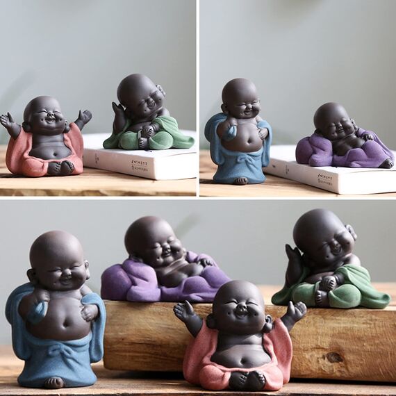Qikuver Lachender Maitreya Buddha, Keramik-Buddha-Statue, Tee-Skulptur, Kleiner Mönch, Dekoration, Tee-Set für Zuhause, Büro, Auto, Geschenk, Kunsthandwerk und Kunst (Orange)