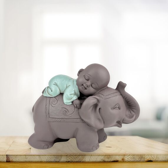 Zen'Light Statue Buddha Bonze Schlafend auf Elefant - Zen-Atmosphäre in Ihrem heiligen Raum - wunderschöne glücksbringende Figur -H 9.5 cm, Braun & Grün