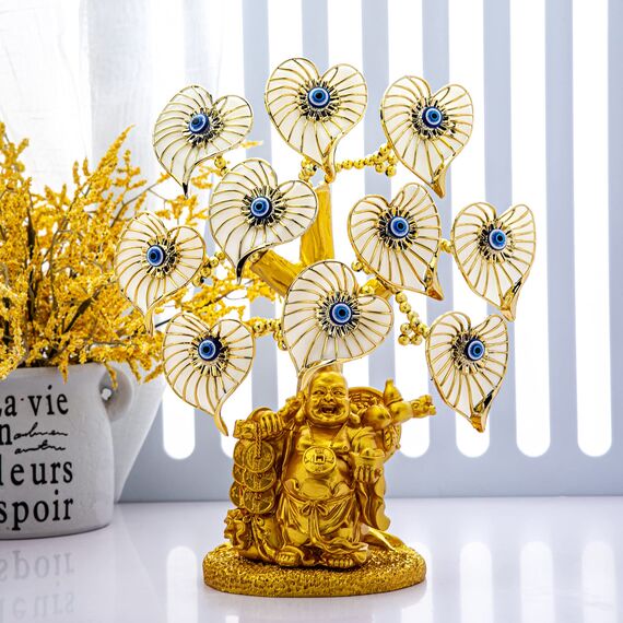 YU FENG Goldener Buddha-Statue Geldbaum mit bösen Blick, weißer künstlicher Blume, Heimbüro, Schutz, Dekoration, Feng Shui Ornament