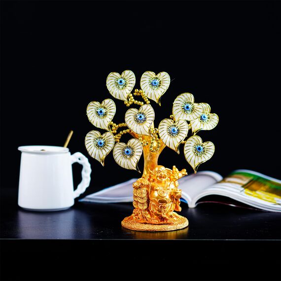 YU FENG Goldener Buddha-Statue Geldbaum mit bösen Blick, weißer künstlicher Blume, Heimbüro, Schutz, Dekoration, Feng Shui Ornament