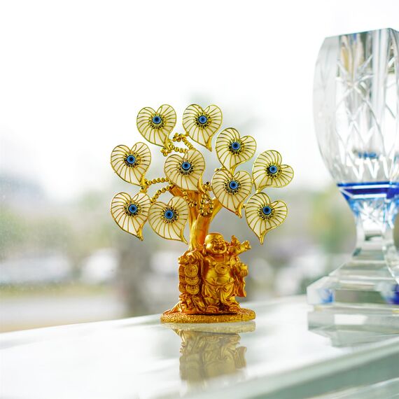 YU FENG Goldener Buddha-Statue Geldbaum mit bösen Blick, weißer künstlicher Blume, Heimbüro, Schutz, Dekoration, Feng Shui Ornament