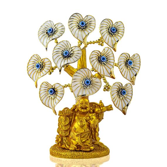 YU FENG Goldener Buddha-Statue Geldbaum mit bösen Blick, weißer künstlicher Blume, Heimbüro, Schutz, Dekoration, Feng Shui Ornament