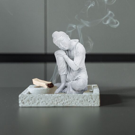 TERESA'S COLLECTIONS Buddha Figur für Zen Garten, 20cm Schlafender Buddha Gartenfigur aus Harz, Hellgrau Buddha Statue für Haus Büro Zen Garten, Wetterfest Frostsich