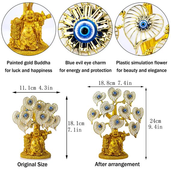 YU FENG Goldener Buddha-Statue Geldbaum mit bösen Blick, weißer künstlicher Blume, Heimbüro, Schutz, Dekoration, Feng Shui Ornament
