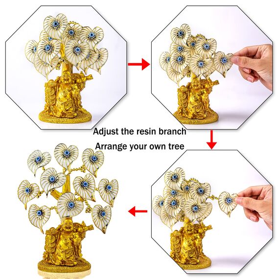 YU FENG Goldener Buddha-Statue Geldbaum mit bösen Blick, weißer künstlicher Blume, Heimbüro, Schutz, Dekoration, Feng Shui Ornament