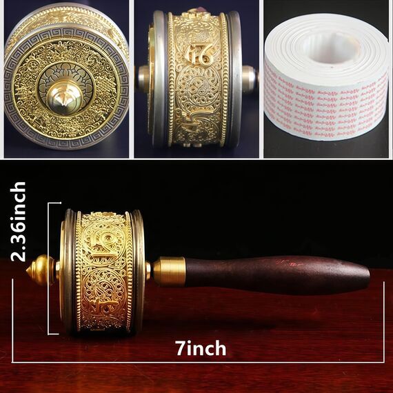 Kupfer-Handgebetsmühle mit tibetisch-buddhistischer 6-stelliger Wahrheit, Premium-Buddha-Schriften, Holzgriff, Gebetsmühle für Beten, Segen, Meditation, Heilung, Entspannen, Yoga