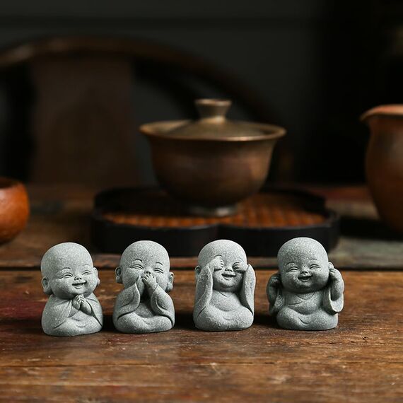 LWDUDE 4-in-1 Buddha-Statuen-Set für spirituelle, Feng Shui, Zen und Innen- und Außendekoration, niedliche Buddha-Statue für Zuhause, Aquarium und asiatische Gartendekoration mit Amulett