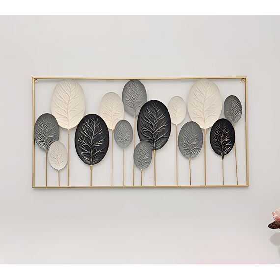 Dekoleidenschaft 3D Wandbild Blätter aus Metall in schwarz/weiß, 136x70 cm, Wanddeko, Wandschmuck