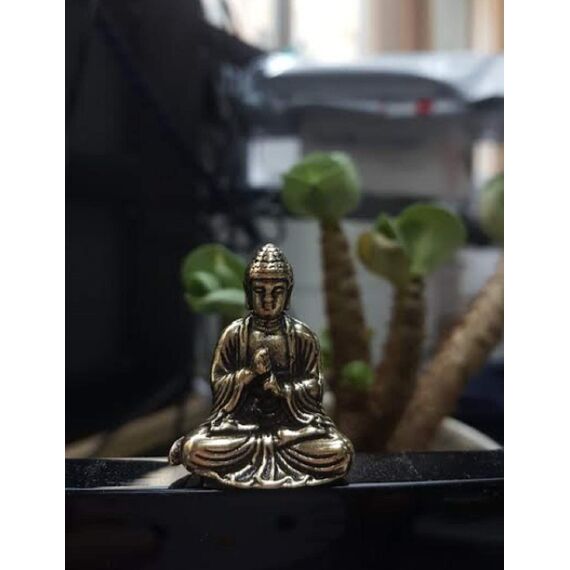 DMtse Buddha-Statue aus Messing, Antikoptik, Buddha-Statue, Ornamente, Meditation, sitzende Pose, Reise, Anbetung, attraktiv und ruhig, kleine Taschen-Buddha-Statue