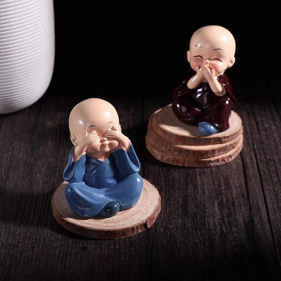 TIED RIBBONS 4 Stück Buddha Mönch Statuen Miniatur Figuren Schaustück für Tisch Desktop Buddhistische Geschenke Auto Armaturenbrett Dekoration Zuhause Büro Dekor Weihnachtsdekorationen