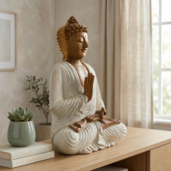 G6 Collection Buddha-Kunststatue aus Holz, handgeschnitzt, 20,3 cm hoch, weiß gekalkt