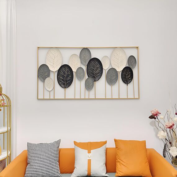 Dekoleidenschaft 3D Wandbild Blätter aus Metall in schwarz/weiß, 136x70 cm, Wanddeko, Wandschmuck