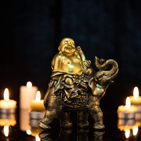 Feng Shui handgefertigte Maitreya lachender Buddha-Statue, Yinasi lachender Buddha auf Elefant, Skulptur, Figur für Glück und Glück, Gott des Reichtums, Zuhause, Büro, Hotel, Tischdekoration