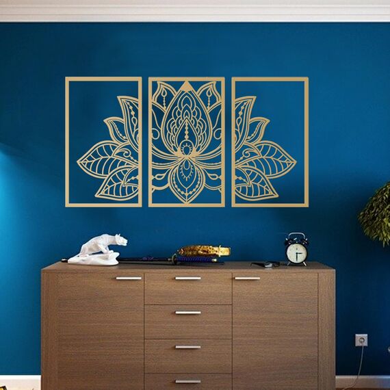 Resama 3 Pcs Lotusblume Wandkunst Dekor Metall Mandala Wanddekoration Einzigartige Lotusblume Wandkunst für Wohnzimmer, Schlafzimmer, Büro und Yoga Raum hängende Dekoration (Gold, groß)