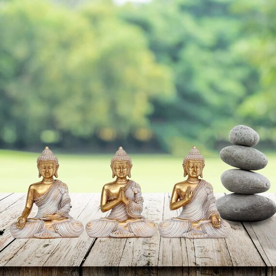 Buddha-Statue für Heimdekoration, Gold, 10,9 cm, Set mit 3 kleinen Buddha-Statuen für Zen-Dekoration, Tisch, Schreibtisch, spirituelle Dekoration, Buddha-Dekoration für Wohnzimmer, Innenbereich