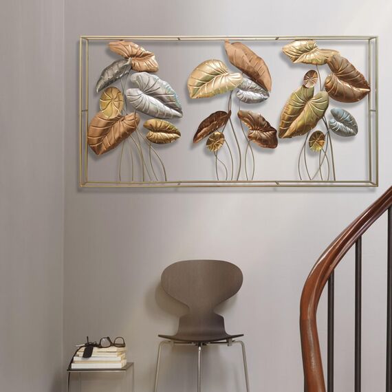 Dekoleidenschaft 3D Wandbild Blätter aus Metall in gold/silber/bronze, 135x69 cm, Wanddeko, Wandschmuck