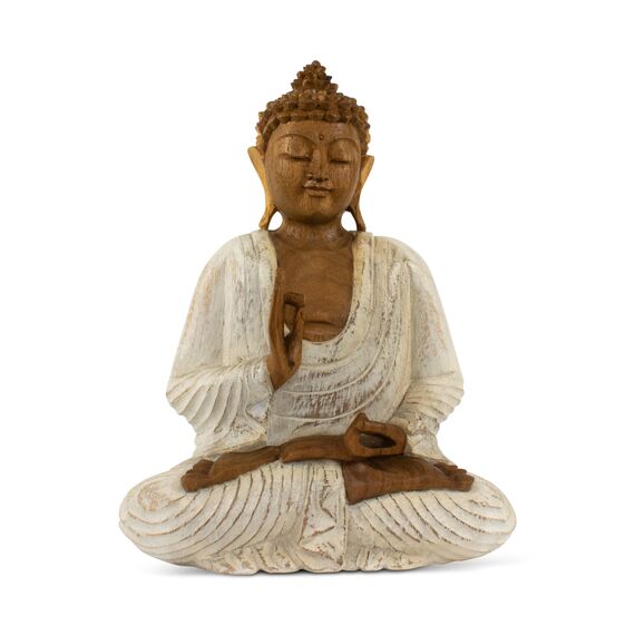 G6 Collection Buddha-Kunststatue aus Holz, handgeschnitzt, 40,6 cm hoch, weiß gekalkt