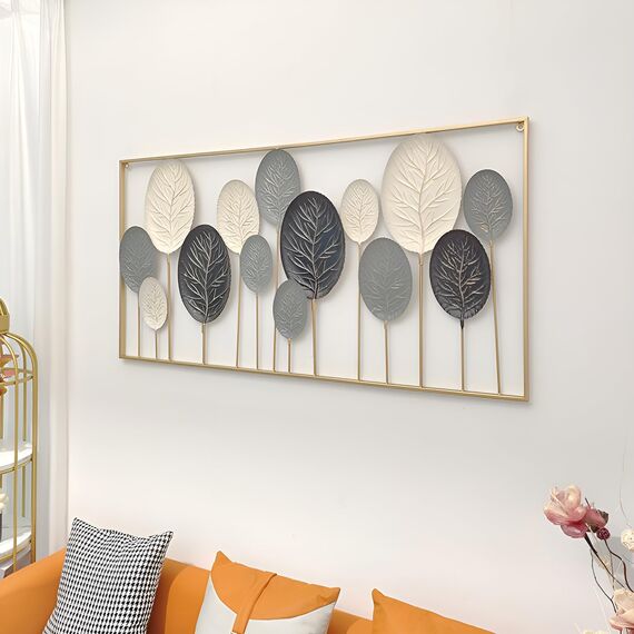 Dekoleidenschaft 3D Wandbild Blätter aus Metall in schwarz/weiß, 136x70 cm, Wanddeko, Wandschmuck