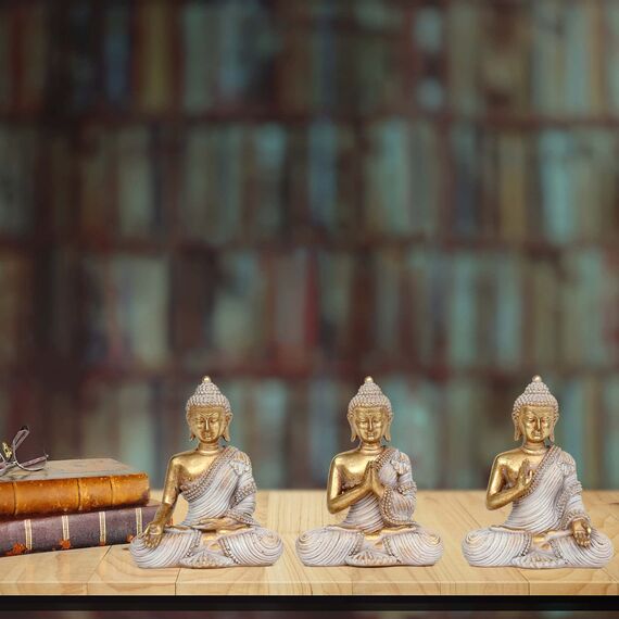 Buddha-Statue für Heimdekoration, Gold, 10,9 cm, Set mit 3 kleinen Buddha-Statuen für Zen-Dekoration, Tisch, Schreibtisch, spirituelle Dekoration, Buddha-Dekoration für Wohnzimmer, Innenbereich