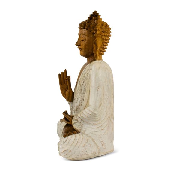 G6 Collection Buddha-Kunststatue aus Holz, handgeschnitzt, 20,3 cm hoch, weiß gekalkt