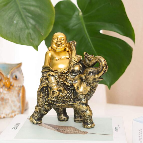 Feng Shui handgefertigte Maitreya lachender Buddha-Statue, Yinasi lachender Buddha auf Elefant, Skulptur, Figur für Glück und Glück, Gott des Reichtums, Zuhause, Büro, Hotel, Tischdekoration