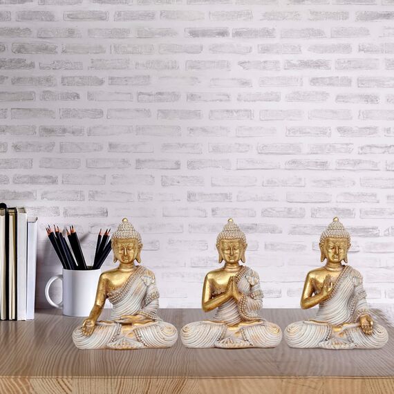 Buddha-Statue für Heimdekoration, Gold, 10,9 cm, Set mit 3 kleinen Buddha-Statuen für Zen-Dekoration, Tisch, Schreibtisch, spirituelle Dekoration, Buddha-Dekoration für Wohnzimmer, Innenbereich