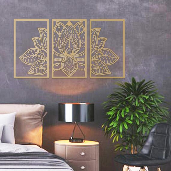 Resama 3 Pcs Lotusblume Wandkunst Dekor Metall Mandala Wanddekoration Einzigartige Lotusblume Wandkunst für Wohnzimmer, Schlafzimmer, Büro und Yoga Raum hängende Dekoration (Gold, groß)
