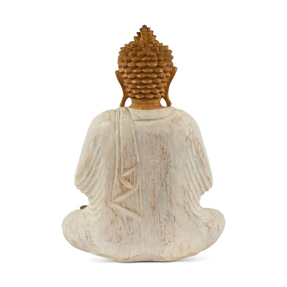 G6 Collection Buddha-Kunststatue aus Holz, handgeschnitzt, 40,6 cm hoch, weiß gekalkt