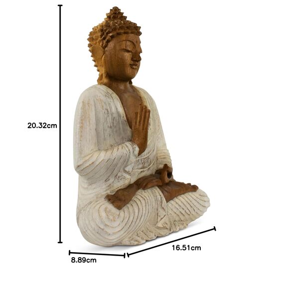 G6 Collection Buddha-Kunststatue aus Holz, handgeschnitzt, 20,3 cm hoch, weiß gekalkt