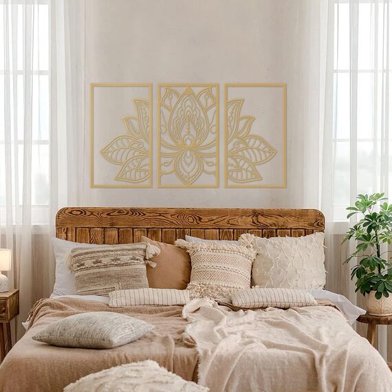 Resama 3 Pcs Lotus Blume Wand Kunst Dekor Metall Mandala Wand Dekor Einzigartige Lotusblume Wandkunst für Wohnzimmer, Schlafzimmer,Büro und Yoga Raum hängende Dekoration (Gold)