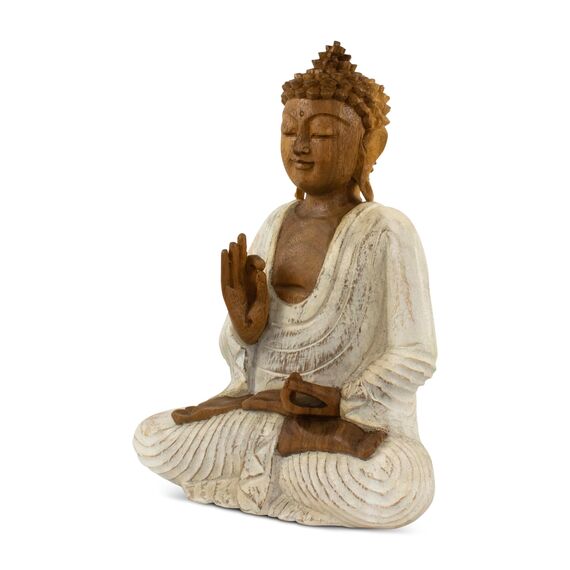 G6 Collection Buddha-Kunststatue aus Holz, handgeschnitzt, 20,3 cm hoch, weiß gekalkt