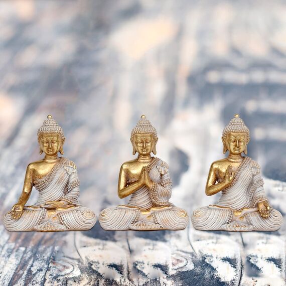 Buddha-Statue für Heimdekoration, Gold, 10,9 cm, Set mit 3 kleinen Buddha-Statuen für Zen-Dekoration, Tisch, Schreibtisch, spirituelle Dekoration, Buddha-Dekoration für Wohnzimmer, Innenbereich