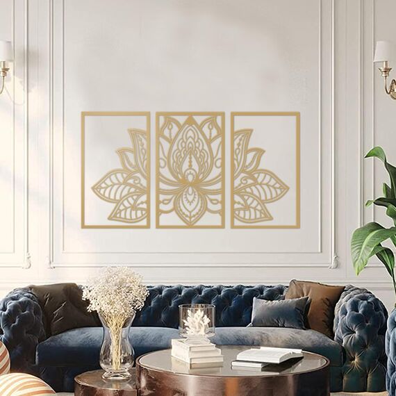 Resama 3 Pcs Lotusblume Wandkunst Dekor Metall Mandala Wanddekoration Einzigartige Lotusblume Wandkunst für Wohnzimmer, Schlafzimmer, Büro und Yoga Raum hängende Dekoration (Gold, groß)