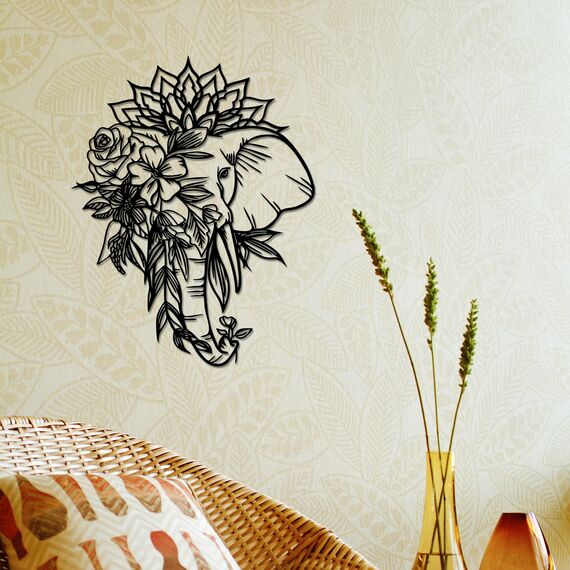 Rajukit Elefant mit Lotus, Metall-Wandkunst, aufwendige Elefanten-Wanddekoration, indisch inspirierte Hindu-Dekoration für Wohnzimmer oder Geschenke