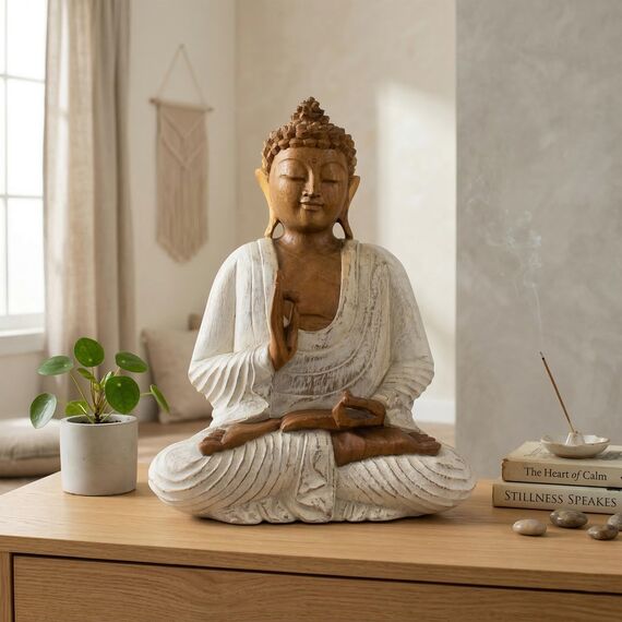 G6 Collection Buddha-Kunststatue aus Holz, handgeschnitzt, 20,3 cm hoch, weiß gekalkt