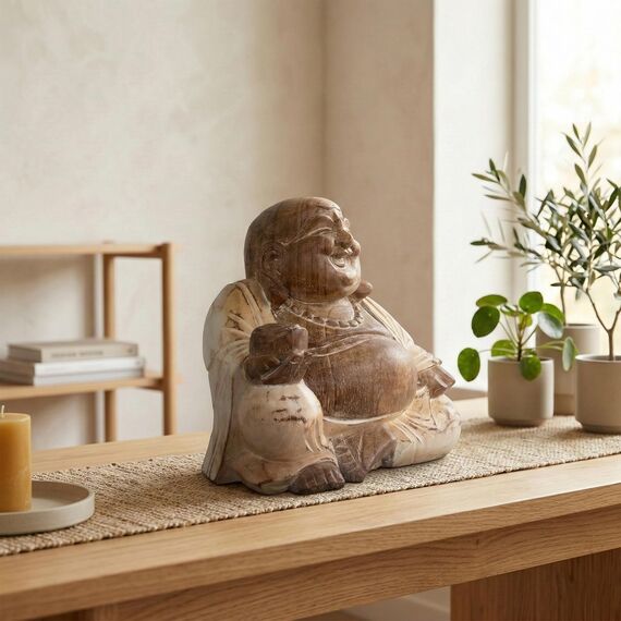 G6 Collection 20,3 cm große, weißgewaschene lachende Buddha-Statue, handgeschnitzt, lächelnde sitzende Skulptur, handgefertigte Figur, Dekoration, Heimdekoration, Akzent, handgefertigte Kunst, Happy
