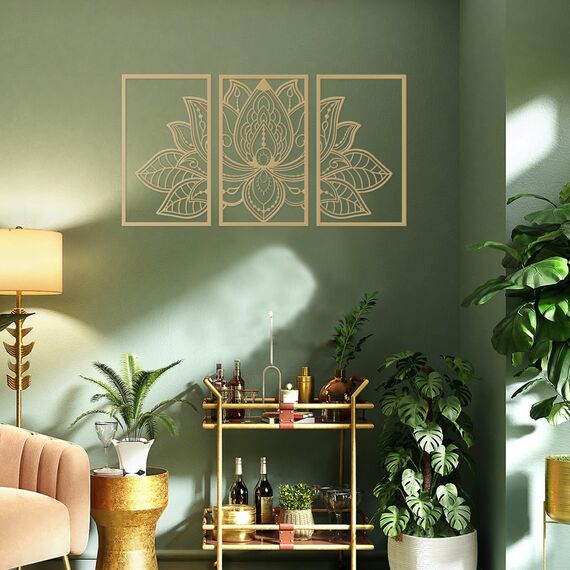 Resama 3 Pcs Lotusblume Wandkunst Dekor Metall Mandala Wanddekoration Einzigartige Lotusblume Wandkunst für Wohnzimmer, Schlafzimmer, Büro und Yoga Raum hängende Dekoration (Gold, groß)