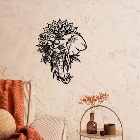 Rajukit Elefant mit Lotus, Metall-Wandkunst, aufwendige Elefanten-Wanddekoration, indisch inspirierte Hindu-Dekoration für Wohnzimmer oder Geschenke