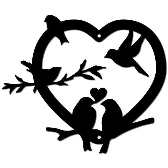 CREATCABIN Herz-Vogel-Wanddekoration Aus Metall,Vögel Auf Dem AST,Kunst,Eisen-Wandschilder,Hängedekoration,Ornament,Skulptur Für Balkon,Garten,Zuhause,Wohnzimmer,Dekoration Im Freien,Schwarz,30x20 cm