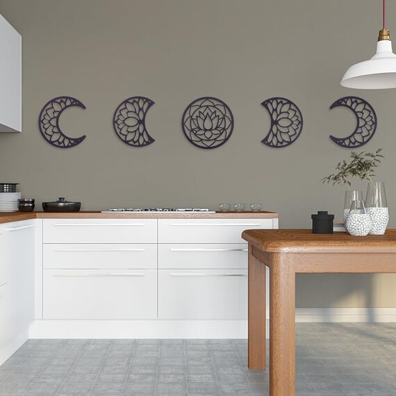 AHANDMAKER 5Pcs Moon Phase Wall Decor, Wood Moon Phase Bohemian Wall Art Decor for Living Room, Lotus Moon Phase Wall Hanging, Bedroom Decor Home Wall Hanging Decor, with Lotus Pattern, Black