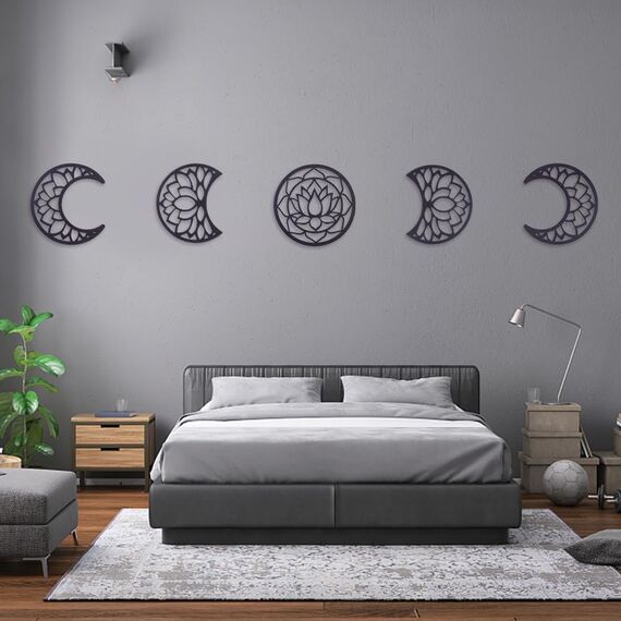 AHANDMAKER 5Pcs Moon Phase Wall Decor, Wood Moon Phase Bohemian Wall Art Decor for Living Room, Lotus Moon Phase Wall Hanging, Bedroom Decor Home Wall Hanging Decor, with Lotus Pattern, Black