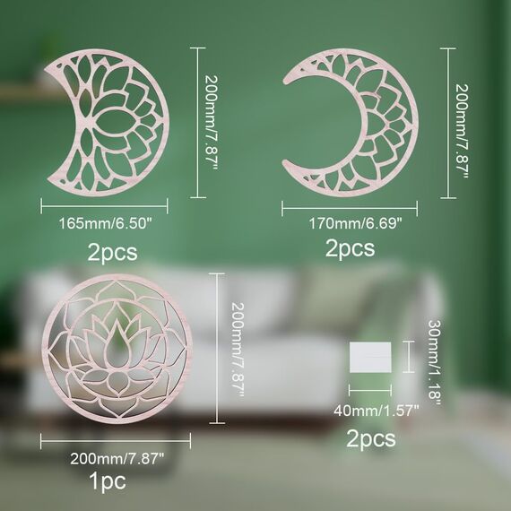 AHANDMAKER 5 x Mondphasen-Wanddekoration, Holzmondphase, Bohemian-Wandkunst, Dekor für Wohnzimmer, Lotusmond-Phase, Wandbehang, Schlafzimmer-Dekor, Heimwanddekoration, mit Lotus-Muster, Burlywood