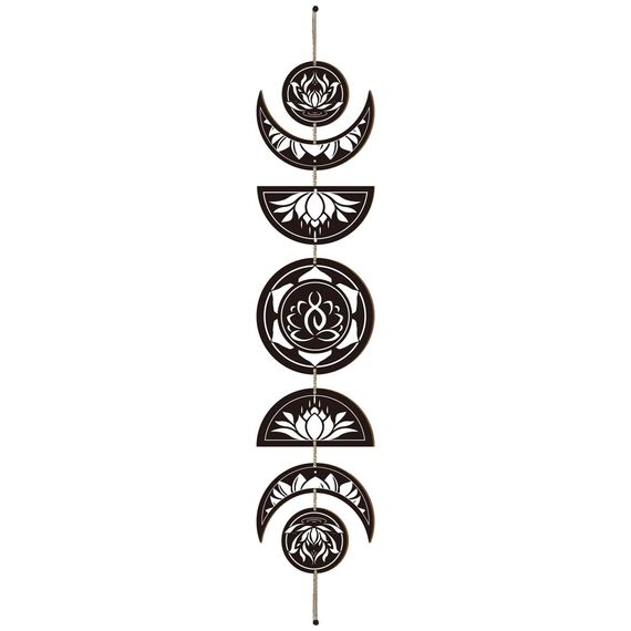 CREATCABIN 7-Teiliges Mondphasen-Wandbehang-Set Boho-Dekor Holzwandkunst Hexendekor Rustikales Schwarzes Holz Mond Moderne Kunst Wandschild Dekorativ Für Zuhause Yoga Wohnung Bar 72.5x16cm Lotus