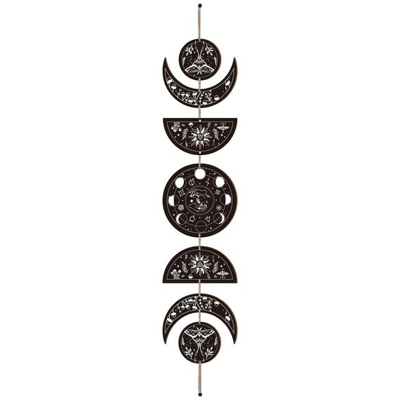 CREATCABIN 7 Stück Mondphasen-Wandbehang Boho-Dekor Holzwandkunst Hexendekor-Set Mit Baumwollfaden Schwarzer Mondzyklus Ästhetische Kunst Wandbehang Für Zuhause Bauernhaus 72.5x16cm Mondphase