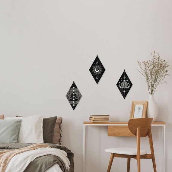 craspire 3 Stück Rustikale Boho-Wanddekoration, Sonne Und Mond, Wandkunst, Yoga, Lotus, Wanddekoration, Minimalistische Boho-Raumdekoration, Rhombus, Holzauge, Wandbehang, Bauernhaus, Mond-Wandschild