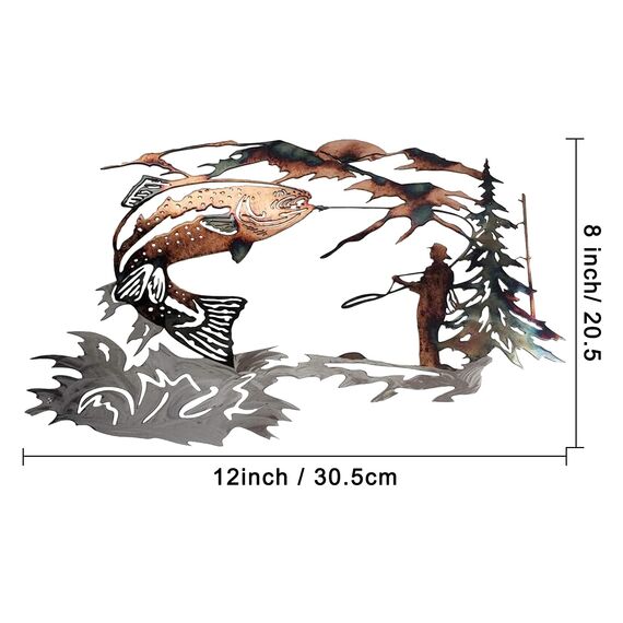CREATCABIN Metall Wandkunst Garten Fisch Wandbehang Dekoration Tier Angeln Berge Bäume Flüsse Menschliches Handwerk Kunst Ornament Silhouetten Zuhause Für Indoor Outdoor Gartenzaun Dekor 12 x 8 Zoll